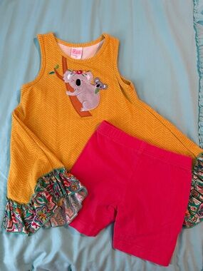 Girls Yellow Koala Appliqué Ruffle-Sleeve Top & Pink Shorts Matching Set